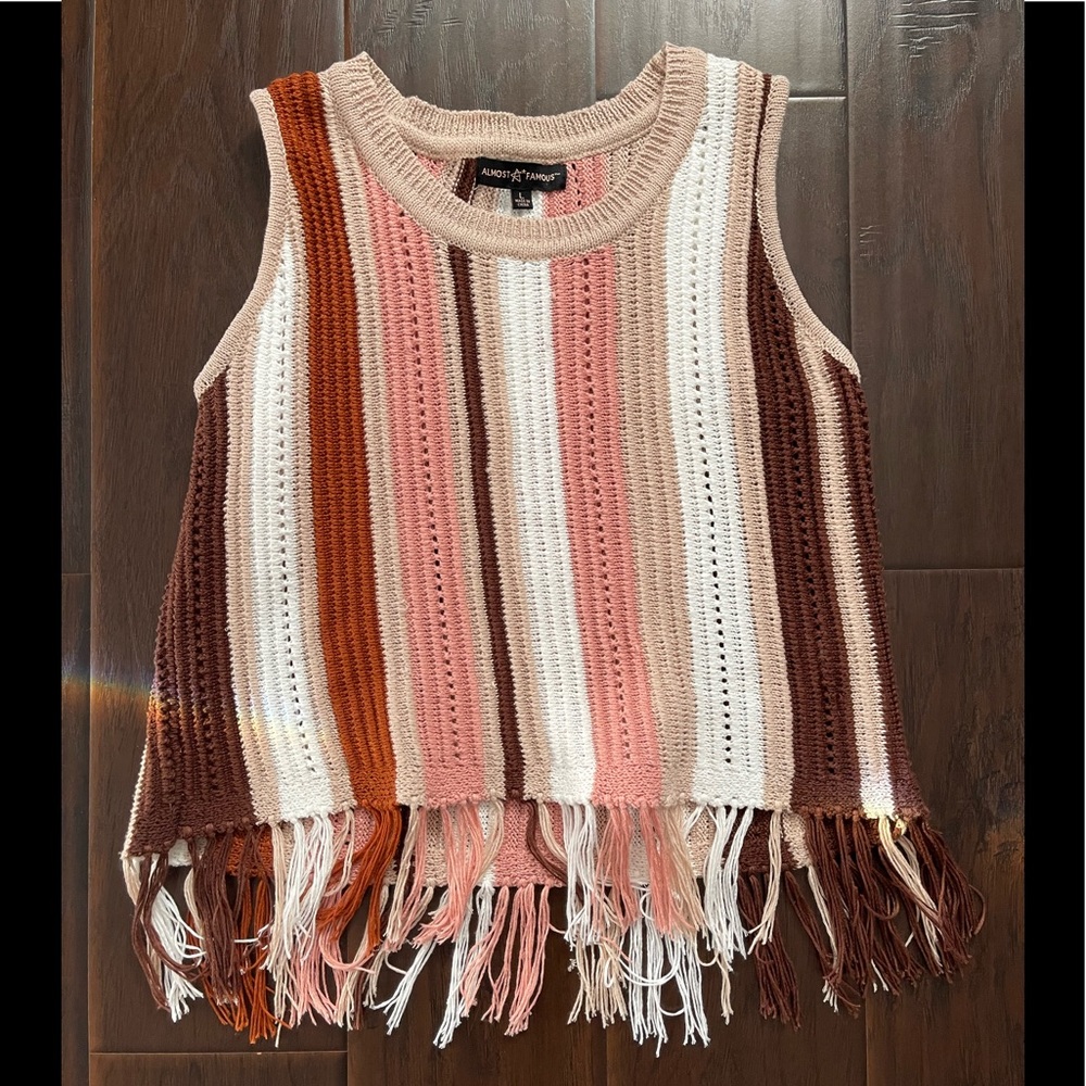 Almost Famous Crochet Neutral Fringed Striped Top  Size:L
